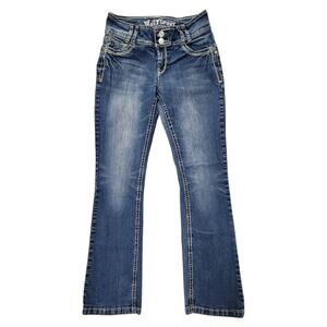 WallFlower Bootcut Jeans Embroidered Flap Pockets Medium Wash Low Rise Womens 7